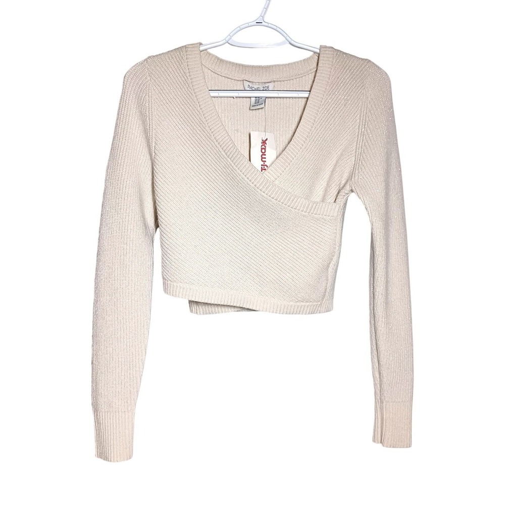 Rachel Zoe Womens XS Beige Metallic Rib-Knit Wrap V-Neck L/S Cropped Sweater